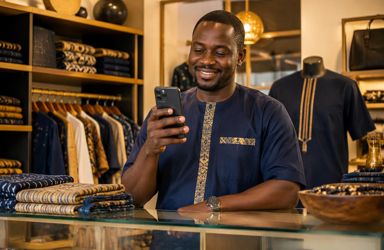 Commerçant suivant ses prix et clients sur son téléphone